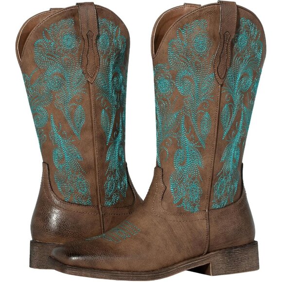 ⚡Women's Dark Brown Square Toe Floral Cowgirl Boots Fashion Western Pull On - Picture 1 of 8